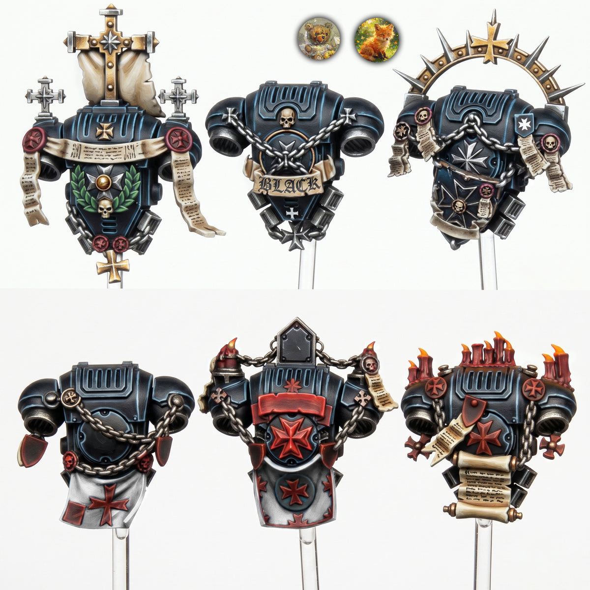Painted Dark Templar armor backpack kitbash designs with crosses, chains, scrolls and candles