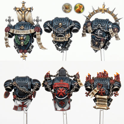 Painted Dark Templar armor backpack kitbash designs with crosses, chains, scrolls and candles
