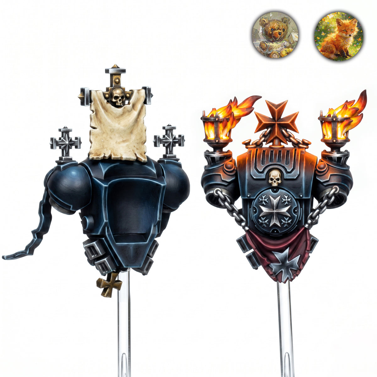 Painted Dark Templar backpacks showing banner and flaming brazier details