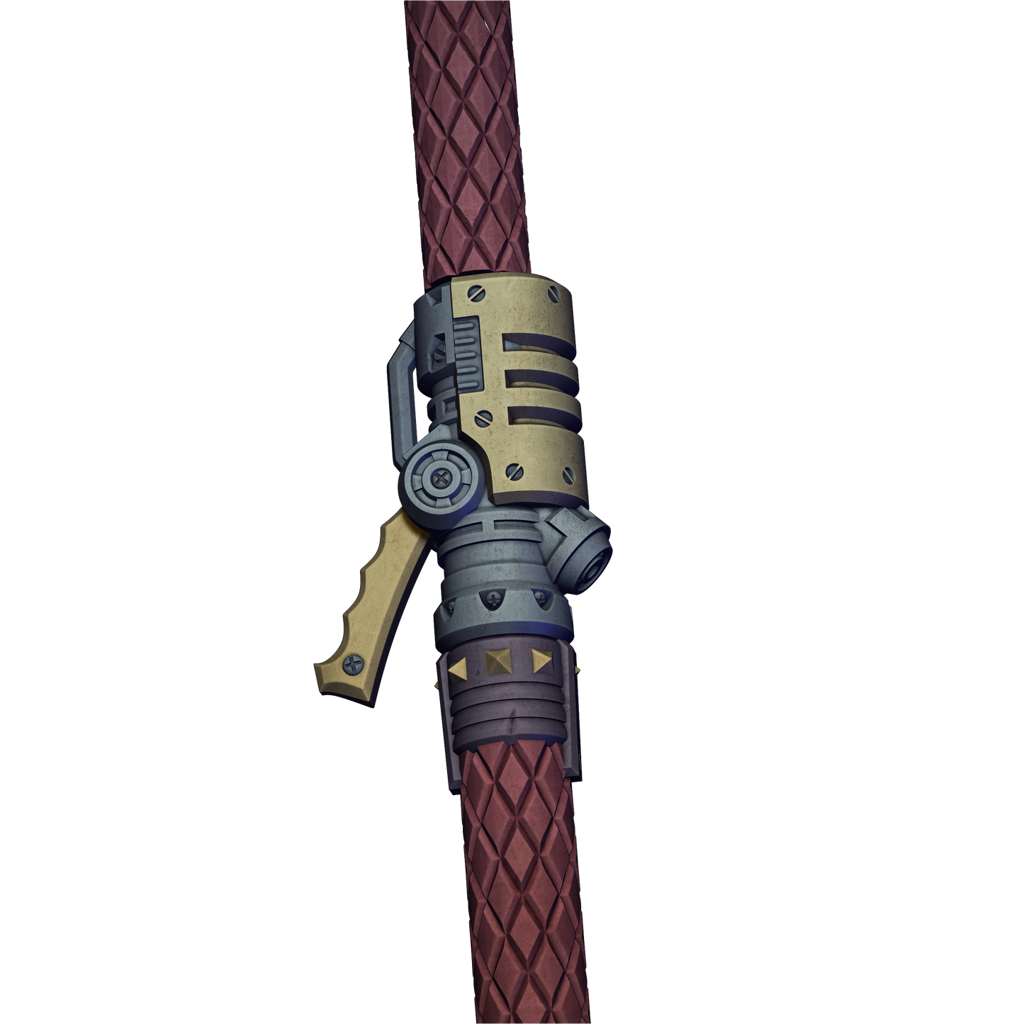 A 3D rendering of a futuristic-looking weapon with a metallic appearance, featuring a handle and various mechanical components.