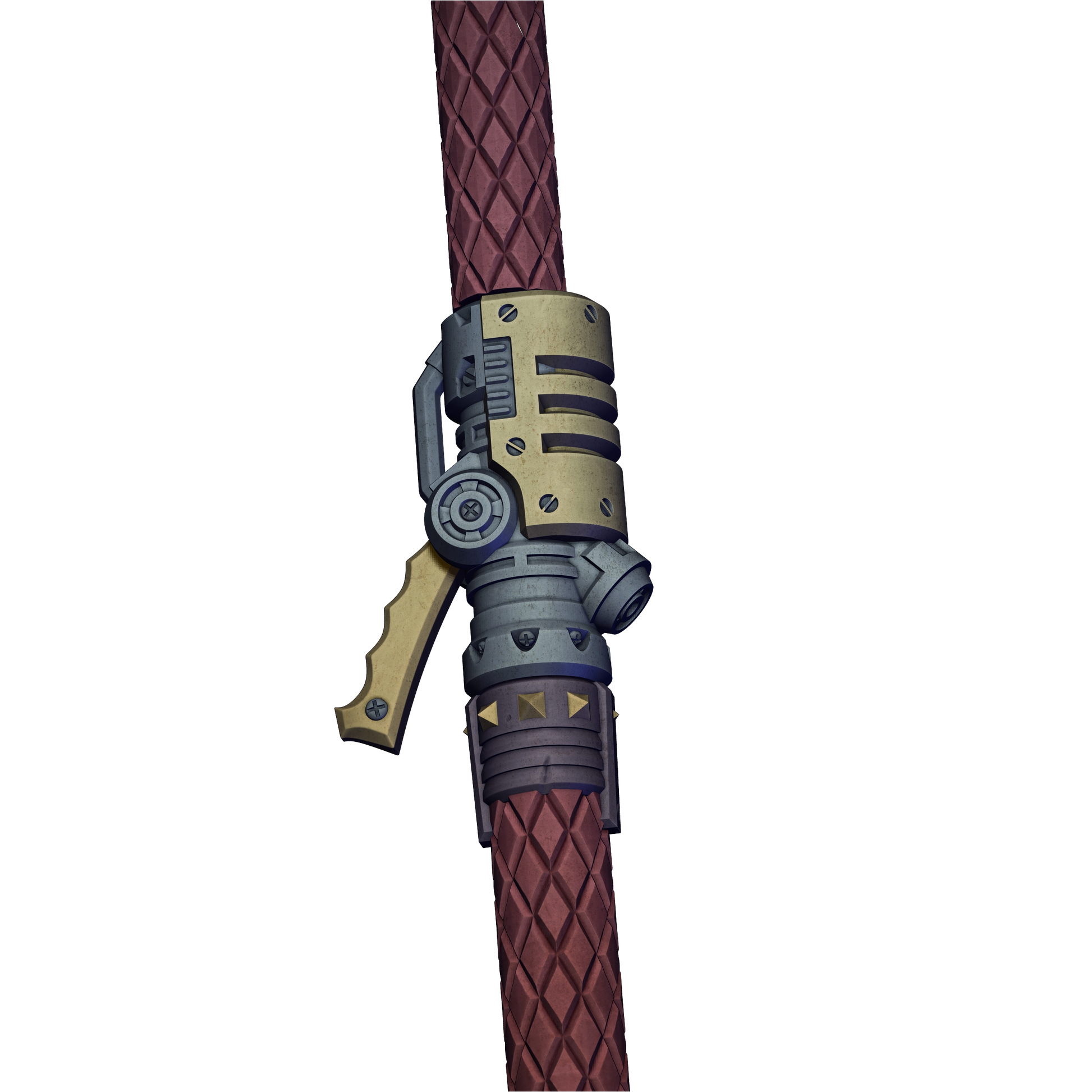 A 3D rendering of a futuristic-looking weapon with a metallic appearance, featuring a handle and various mechanical components.