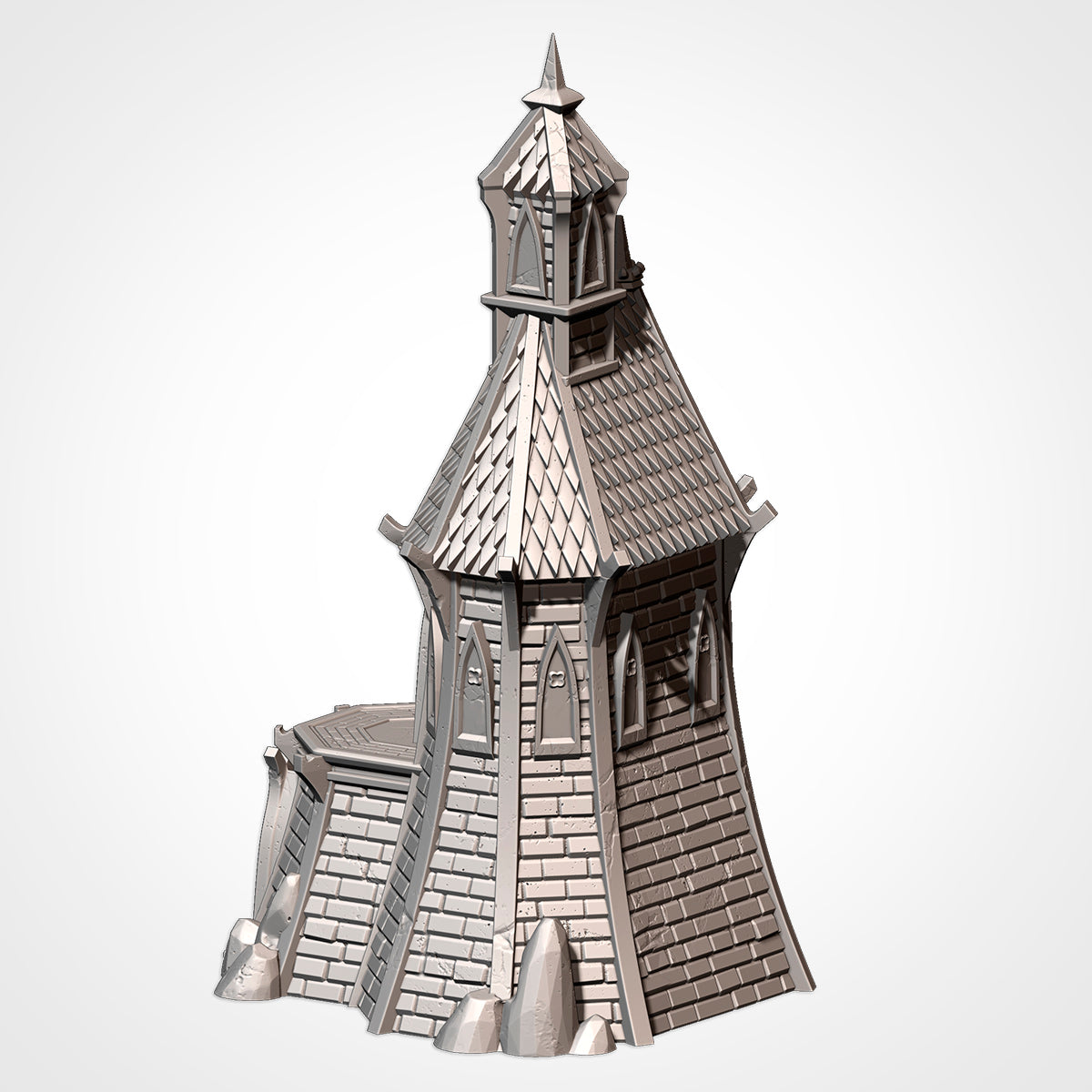 A 3D rendering of a castle-like structure with a pointed roof and a tower.