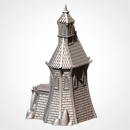 A 3D rendering of a castle-like structure with a pointed roof and a tower.