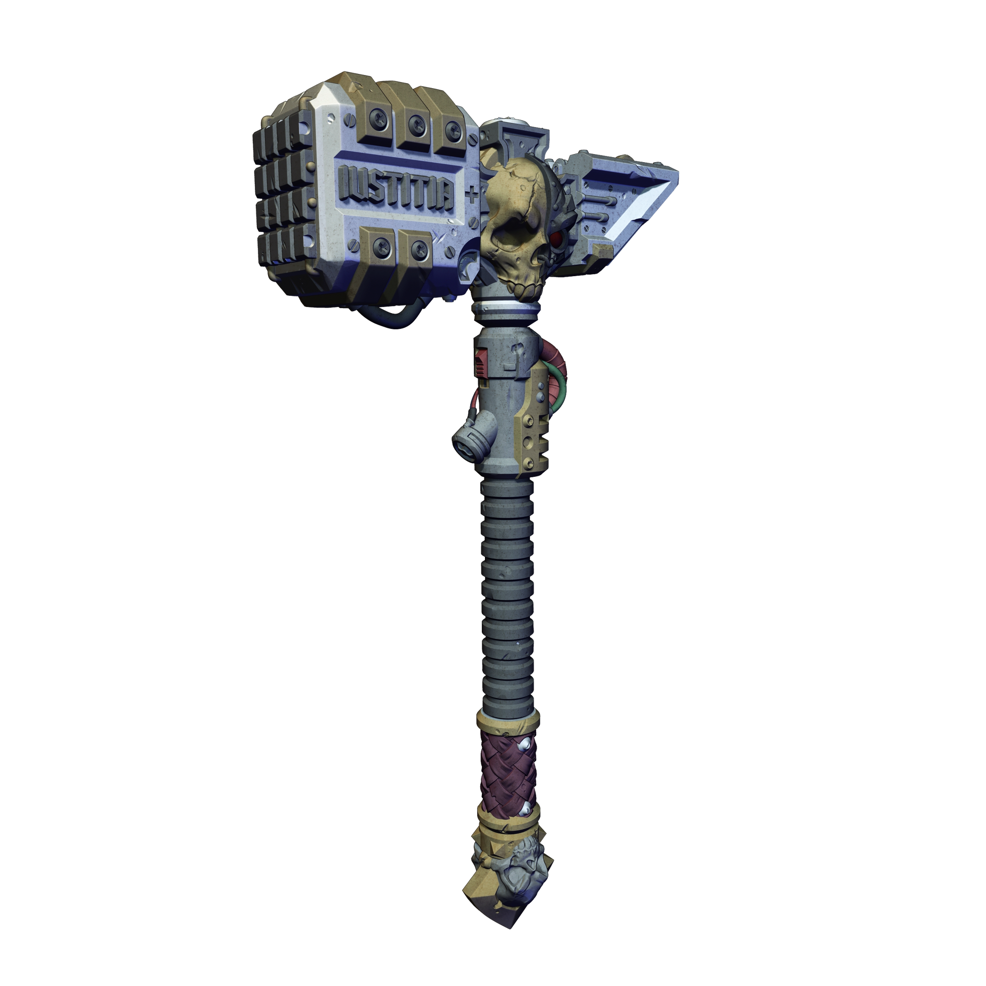 A 3D rendering of a large, metallic hammer with a skull and crossbones design.