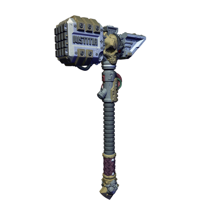 A 3D rendering of a large, metallic hammer with a skull and crossbones design.