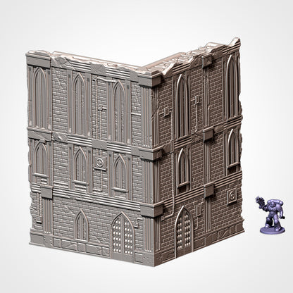 A 3D rendering of a damaged building with arched windows and a small figurine of a person standing next to it.