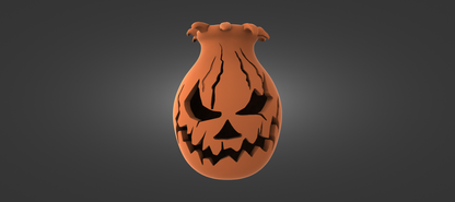 An orange pumpkin-shaped object with a carved face, resembling a Halloween decoration or costume.