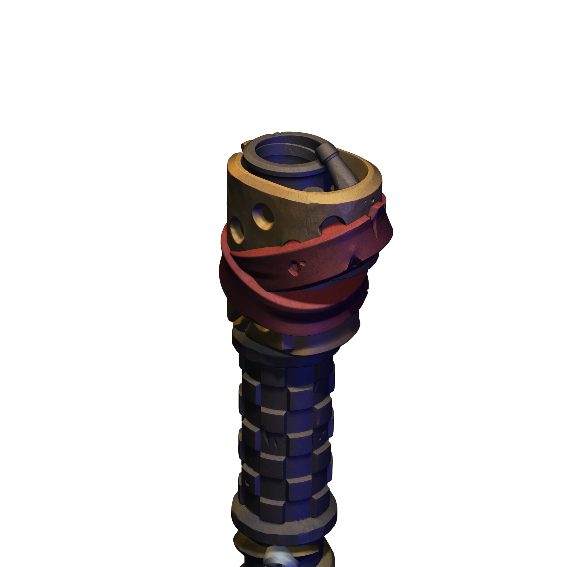 A 3D rendering of a tall, cylindrical object with a red and black color scheme. The object appears to be a metallic structure with a spiral pattern, and it is the sole focus of the image.