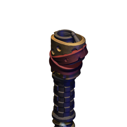 A 3D rendering of a tall, cylindrical object with a red and black color scheme. The object appears to be a metallic structure with a spiral pattern, and it is the sole focus of the image.