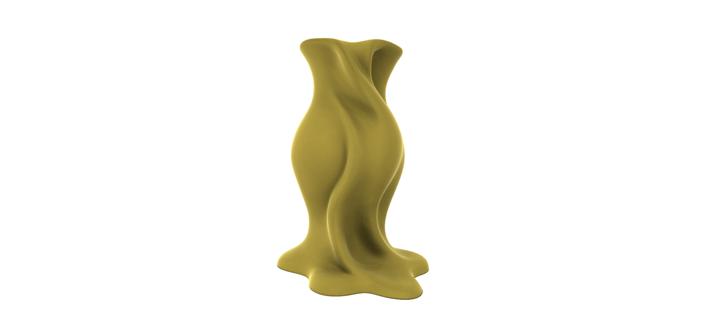 A 3D rendering of a golden, abstract sculpture with a flowing, organic shape against a black background.