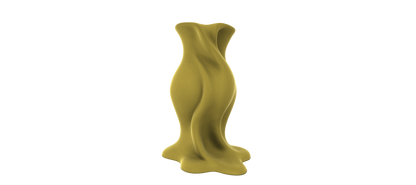A 3D rendering of a golden, abstract sculpture with a flowing, organic shape against a black background.