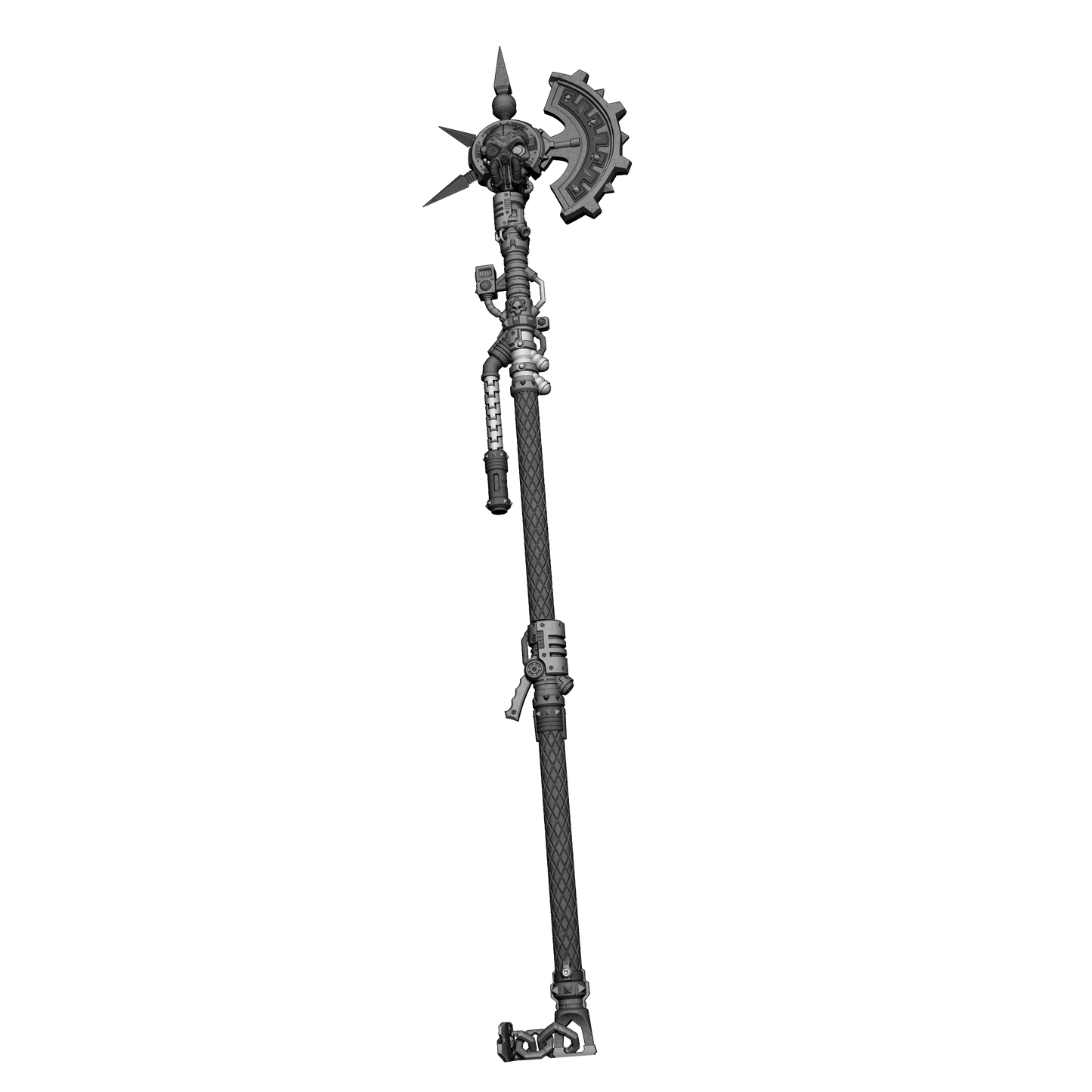 A detailed 3D rendering of a sword-like weapon with a curved blade, multiple attachments, and intricate designs.