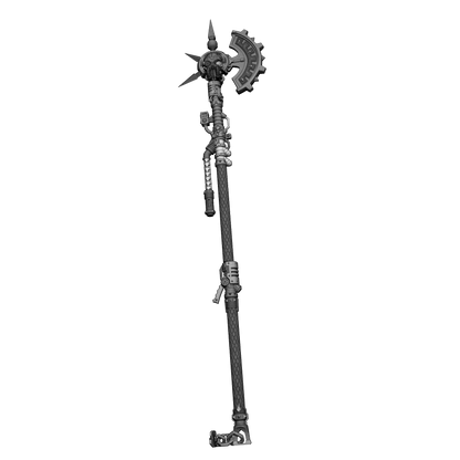 A detailed 3D rendering of a sword-like weapon with a curved blade, multiple attachments, and intricate designs.