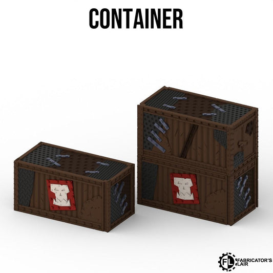 two brown wooden crates with various designs and textures, including a red and white design on one of the crates.
