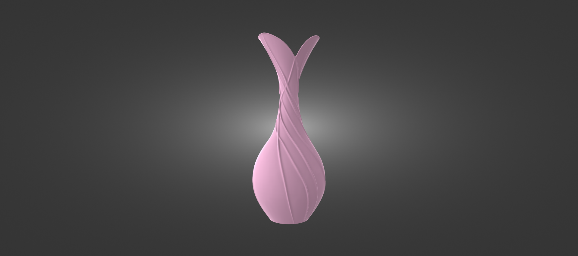 A pink vase with a unique, abstract design stands out against a dark background.