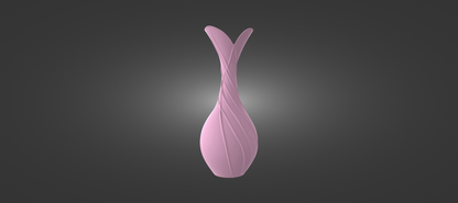 A pink vase with a unique, abstract design stands out against a dark background.