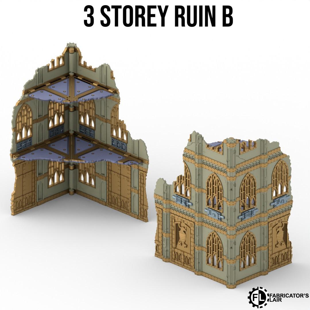 a 3-storey ruin B, which is a 3D rendering of a damaged building.