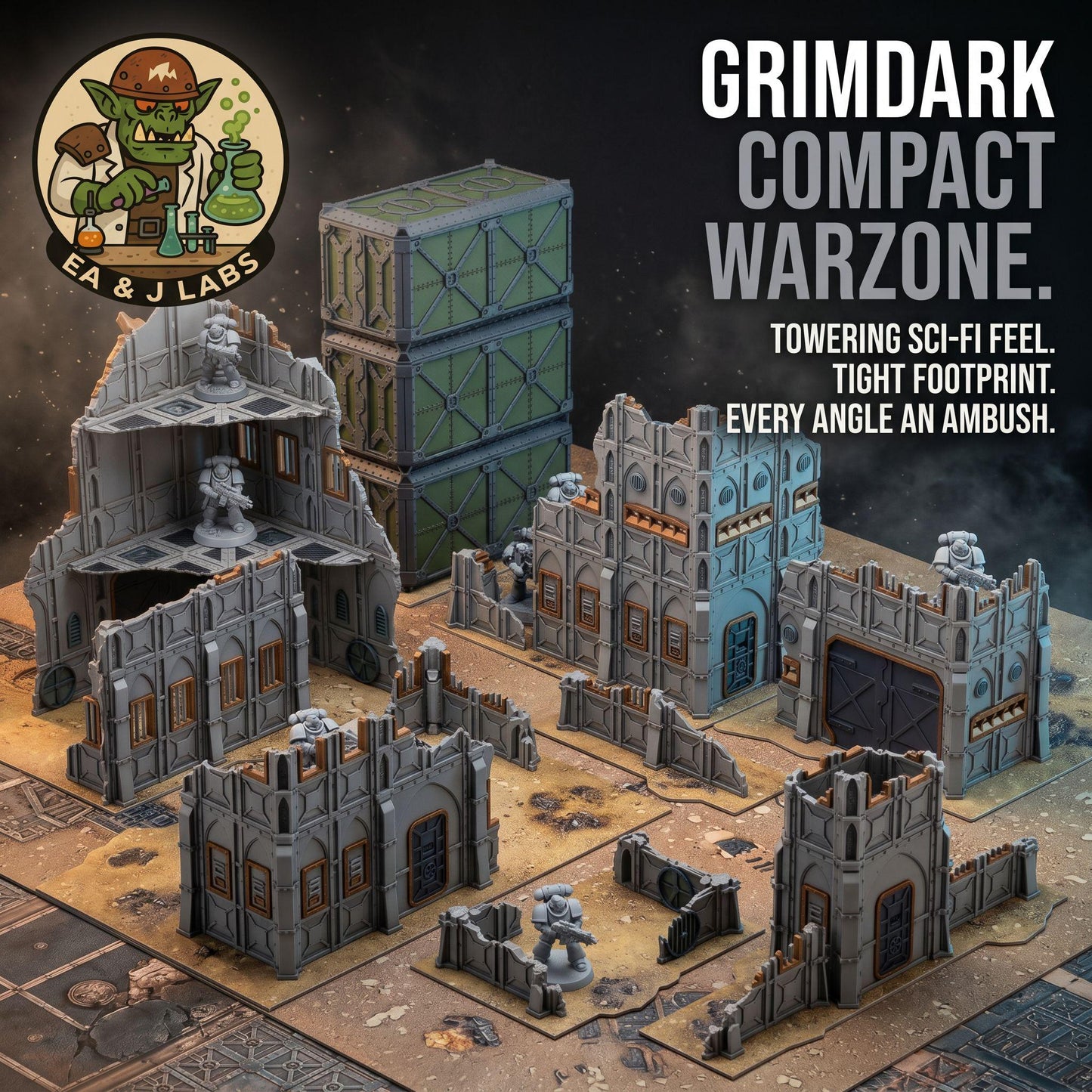 The image is an advertisement for a tabletop warzone game called "Grimdark Compact Warzone" by EA & J Labs. It features a detailed model of a warzone with various structures and buildings, including towers and bunkers, set against a dark background.