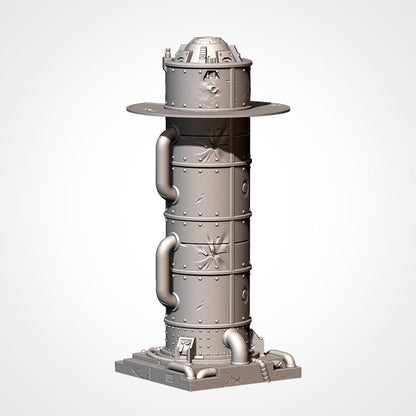 A 3D rendering of a tall, cylindrical metal structure with a circular top and various mechanical components.