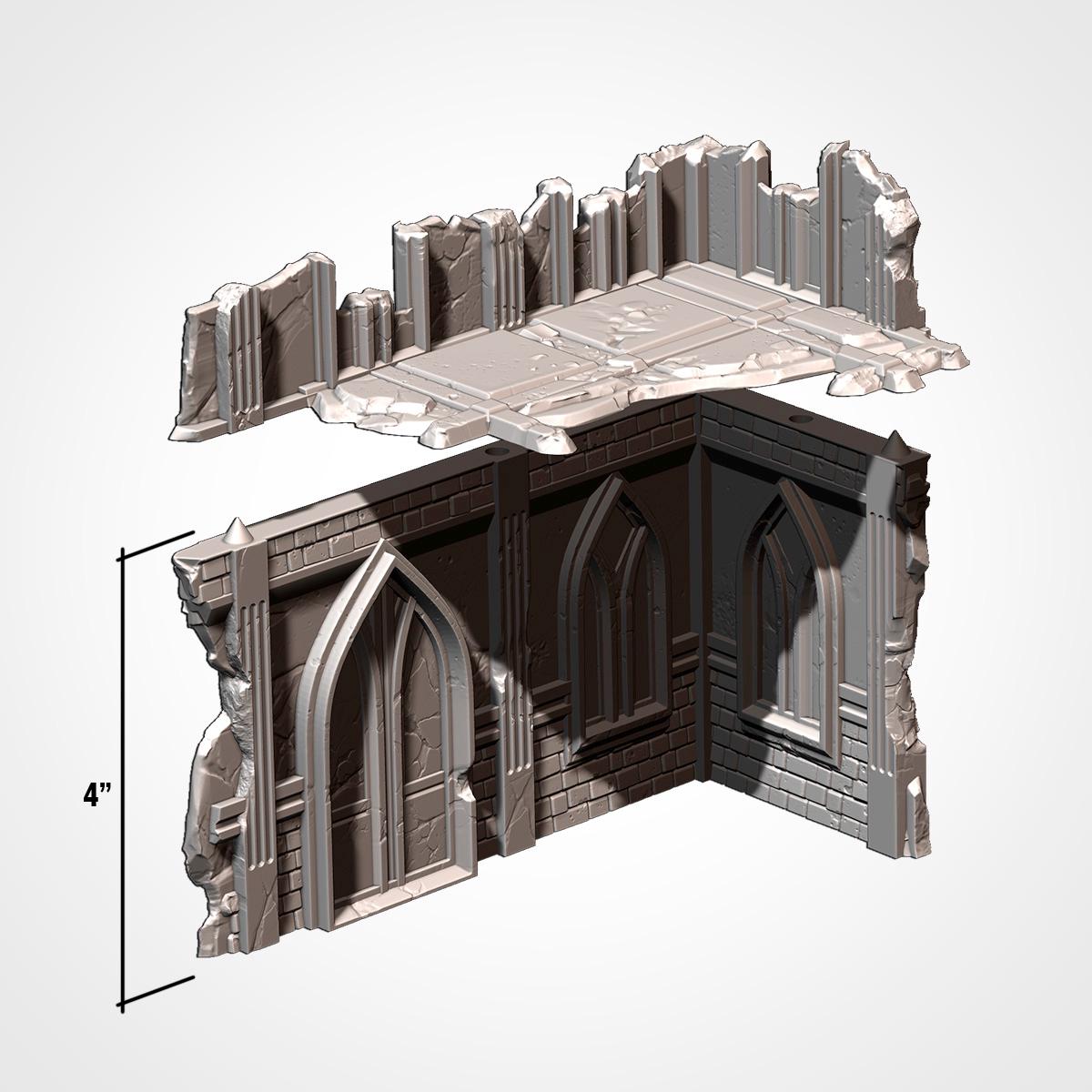 The image is a 3D rendering of a damaged building, likely a castle or fortress, with visible cracks and broken sections. The image is not a photograph, but rather a digital or 3D representation of the structure.