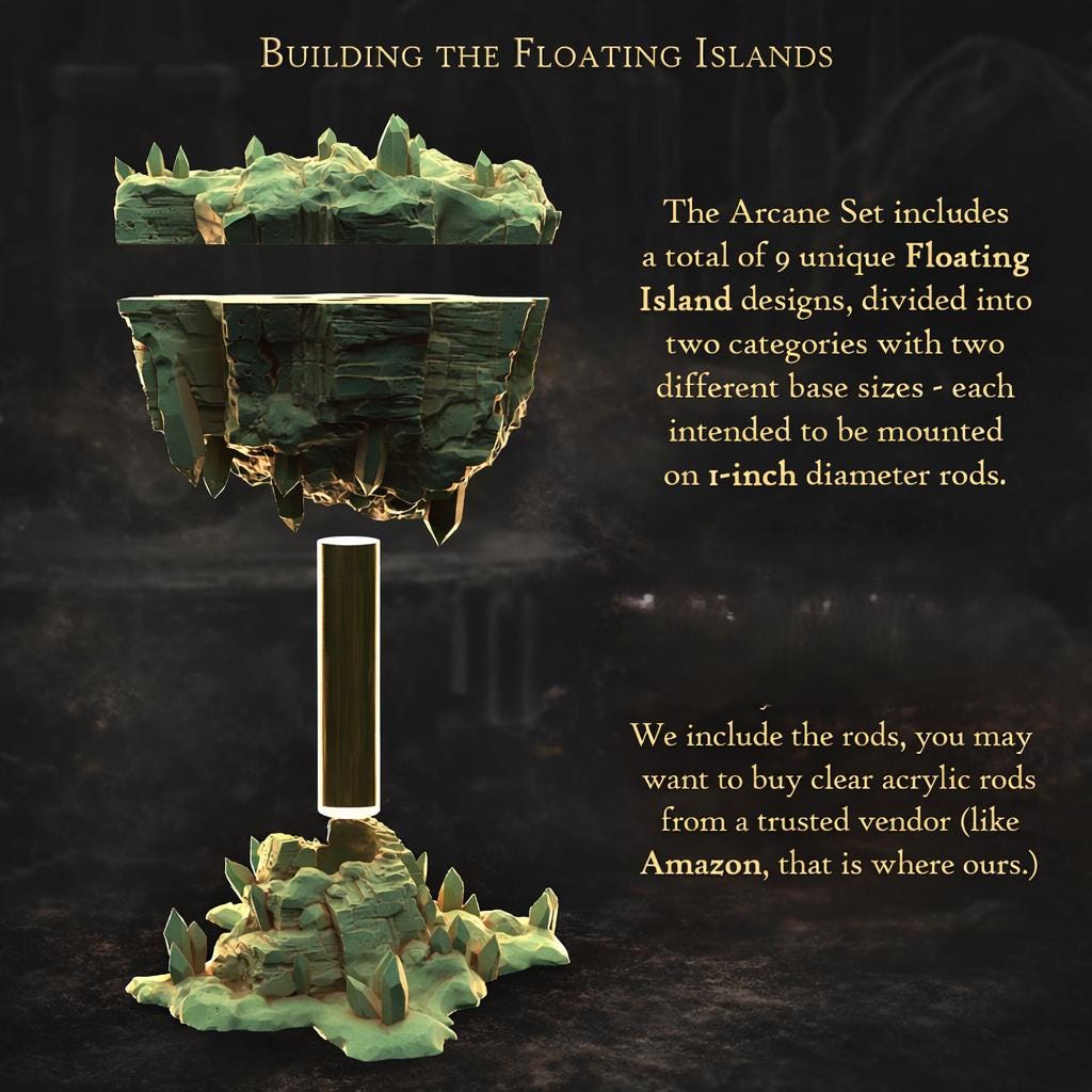 a floating island with a tall, cylindrical structure on top, and the text provides information about the product, including that it includes rods and is available from a trusted vendor like Amazon.