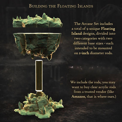 a floating island with a tall, cylindrical structure on top, and the text provides information about the product, including that it includes rods and is available from a trusted vendor like Amazon.