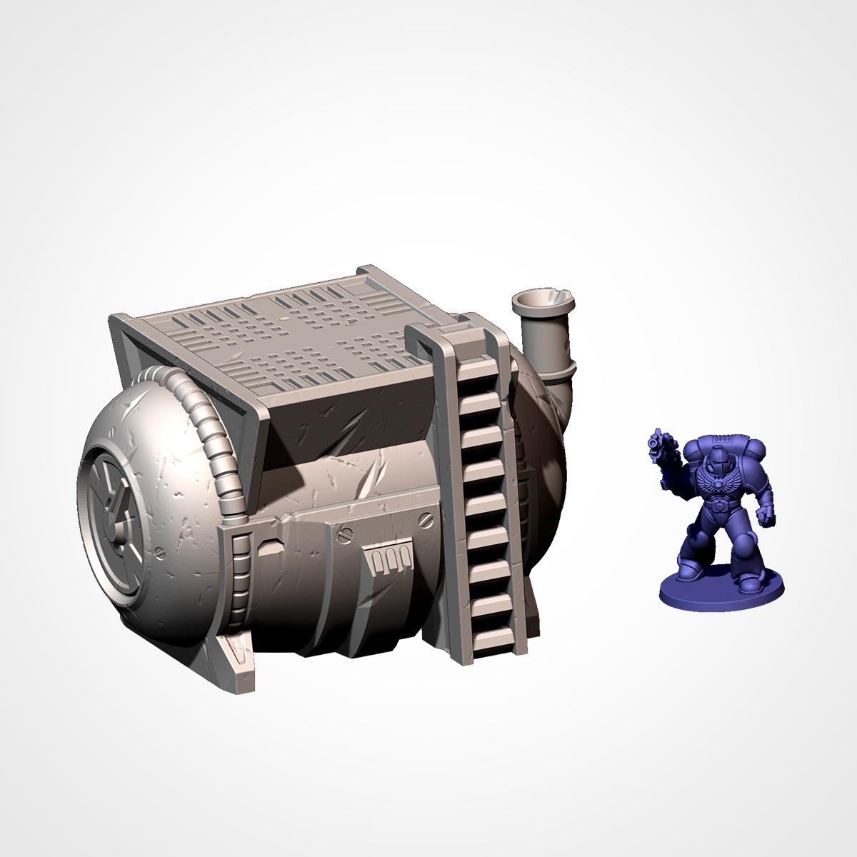 A 3D rendering of a metallic structure with a large circular wheel and a smaller figure of a person standing next to it.