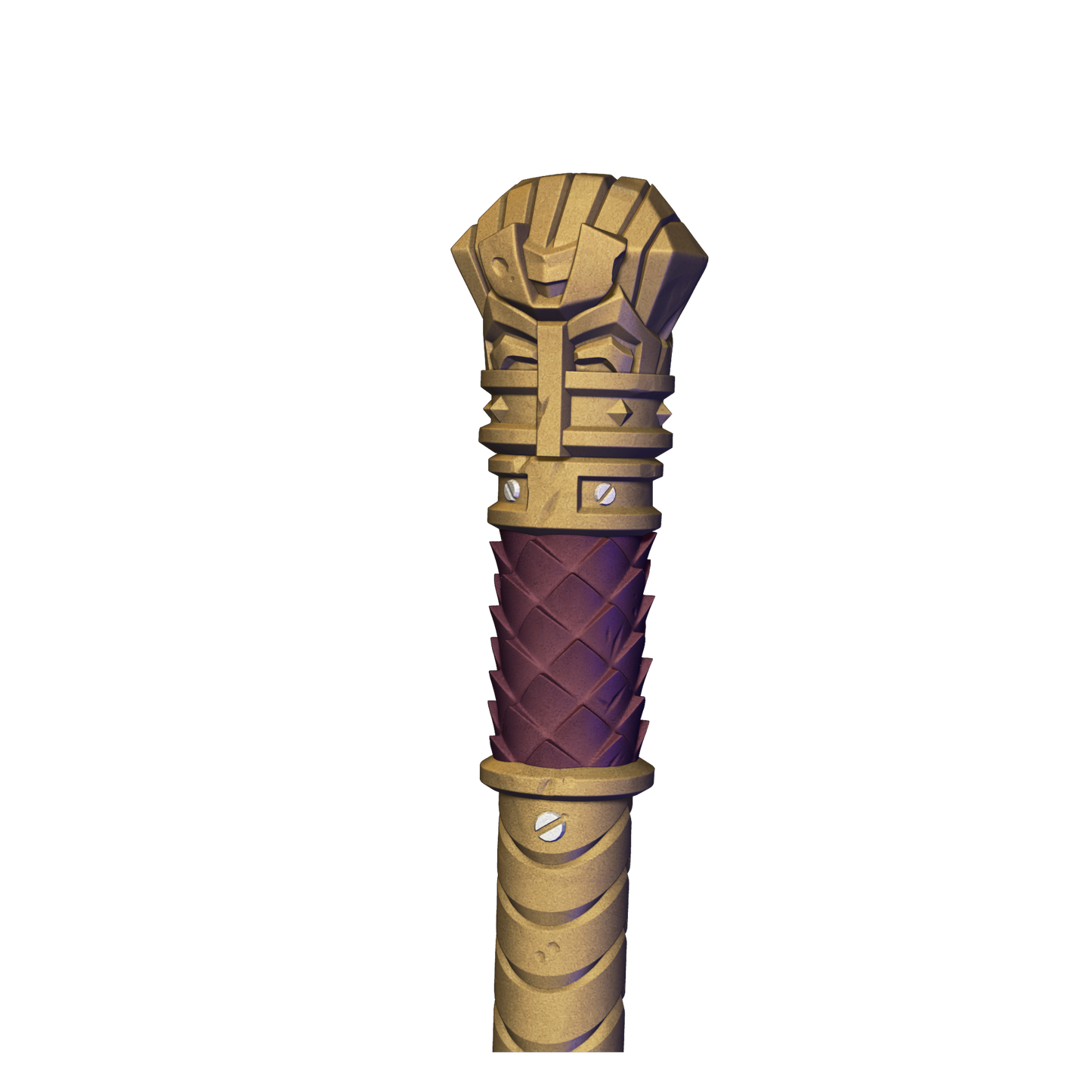 A golden and purple staff with an intricate design, resembling a staff or staff-like object.