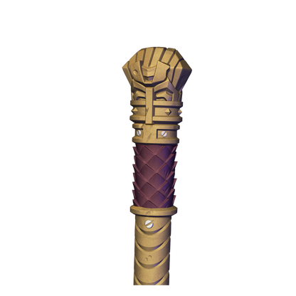 A golden and purple staff with an intricate design, resembling a staff or staff-like object.