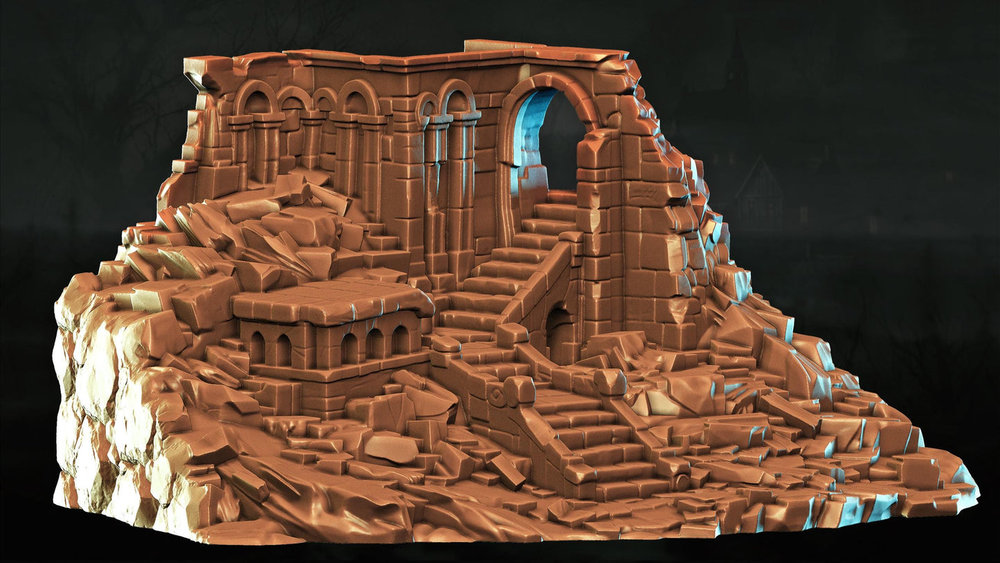 A 3D rendering of a castle-like structure made of brown material, with arched windows and a central doorway.