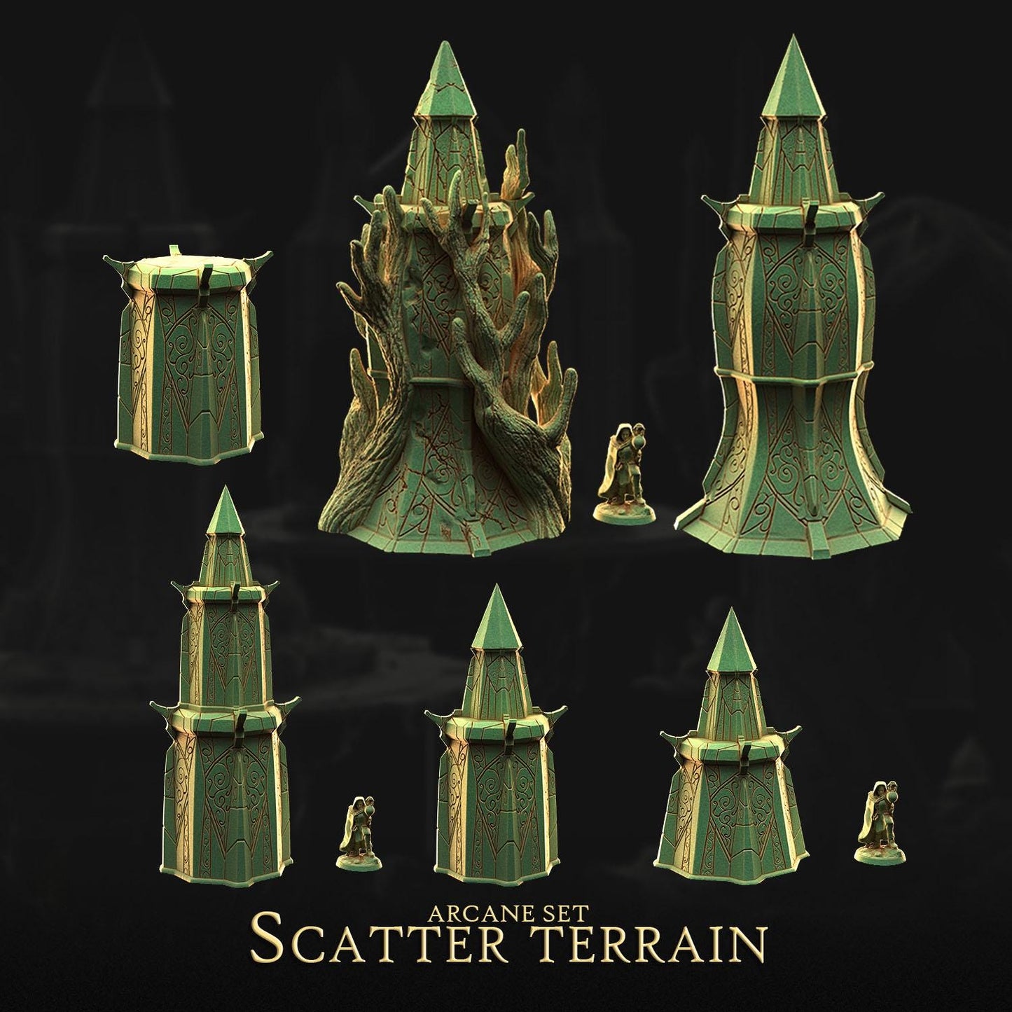 a collection of green, pyramid-shaped structures with intricate designs, likely representing a set of objects or components from the "Scatter Terrain" video game.