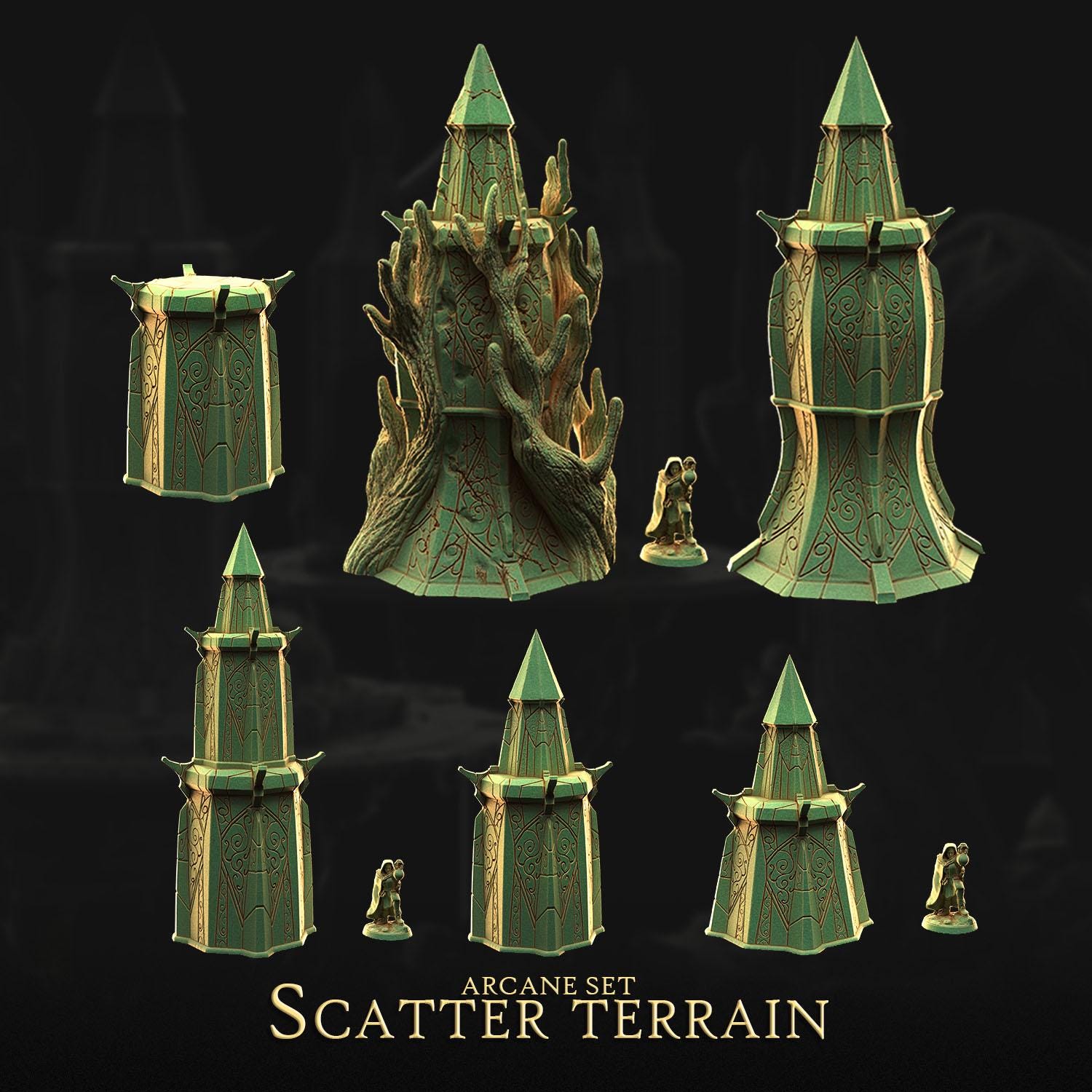 a collection of green, pyramid-shaped structures with intricate designs, likely representing a set of objects or components from the "Scatter Terrain" video game.