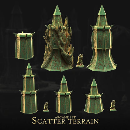 a collection of green, pyramid-shaped structures with intricate designs, likely representing a set of objects or components from the "Scatter Terrain" video game.