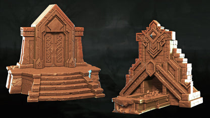 two ornate stone structures, one with a pointed roof and the other with a flat roof, set against a dark background.