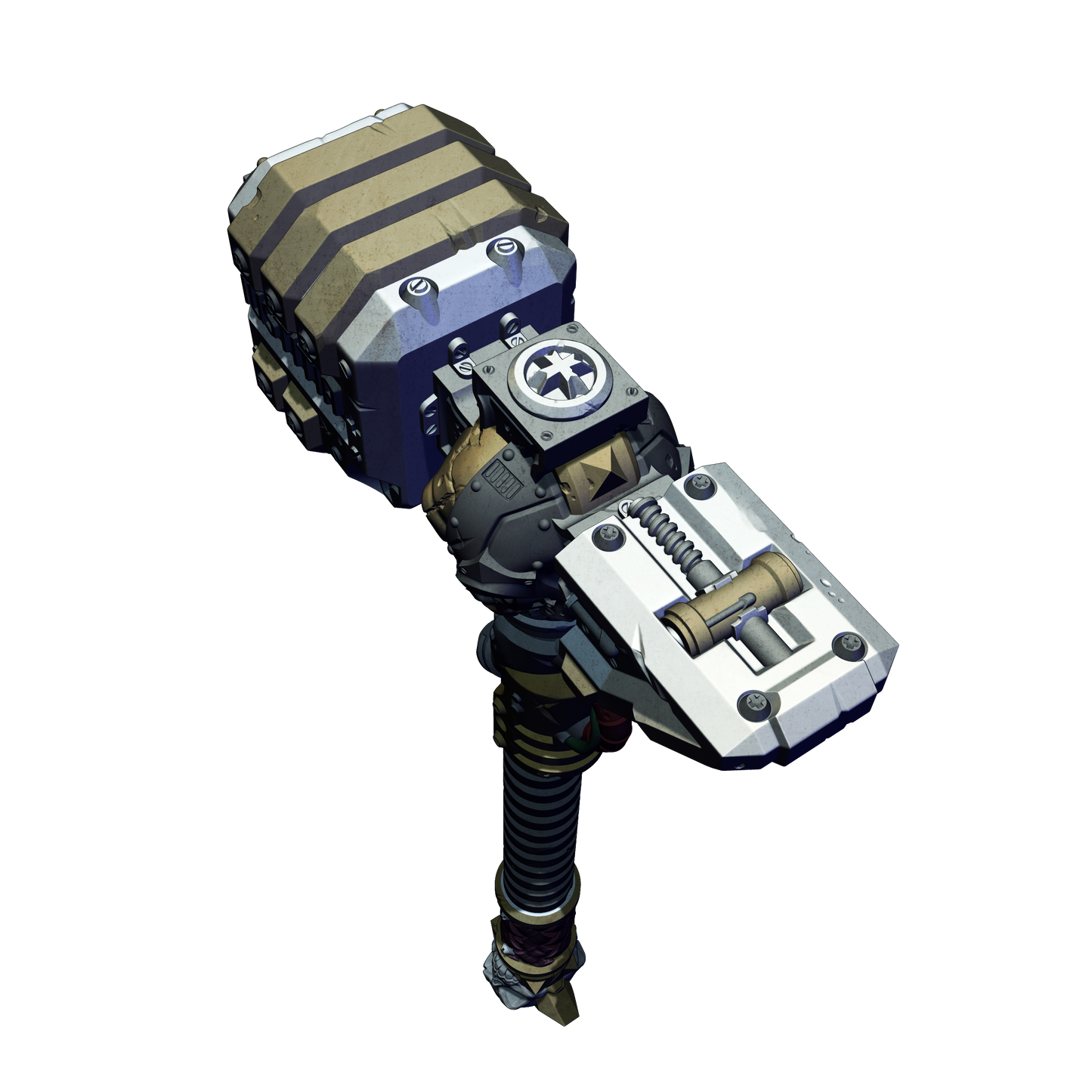 A detailed 3D rendering of a futuristic-looking weapon or tool, featuring a combination of metallic and mechanical elements.