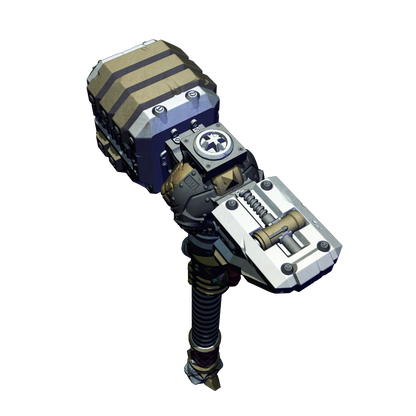 A detailed 3D rendering of a futuristic-looking weapon or tool, featuring a combination of metallic and mechanical elements.