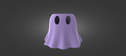 A purple ghost with two holes on its head is standing against a dark background.