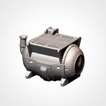 A 3D rendering of a futuristic-looking object, possibly a piece of machinery or a component of a larger system. The object has a metallic, angular design with a large circular opening on one side and a cylindrical shape on the other. The image does not contain any text or additional objects, and the focus is solely on the object itself.