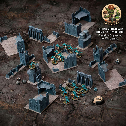 The image is a tabletop war game setup featuring various miniature structures, figurines, and game pieces arranged on a dark, rocky terrain.