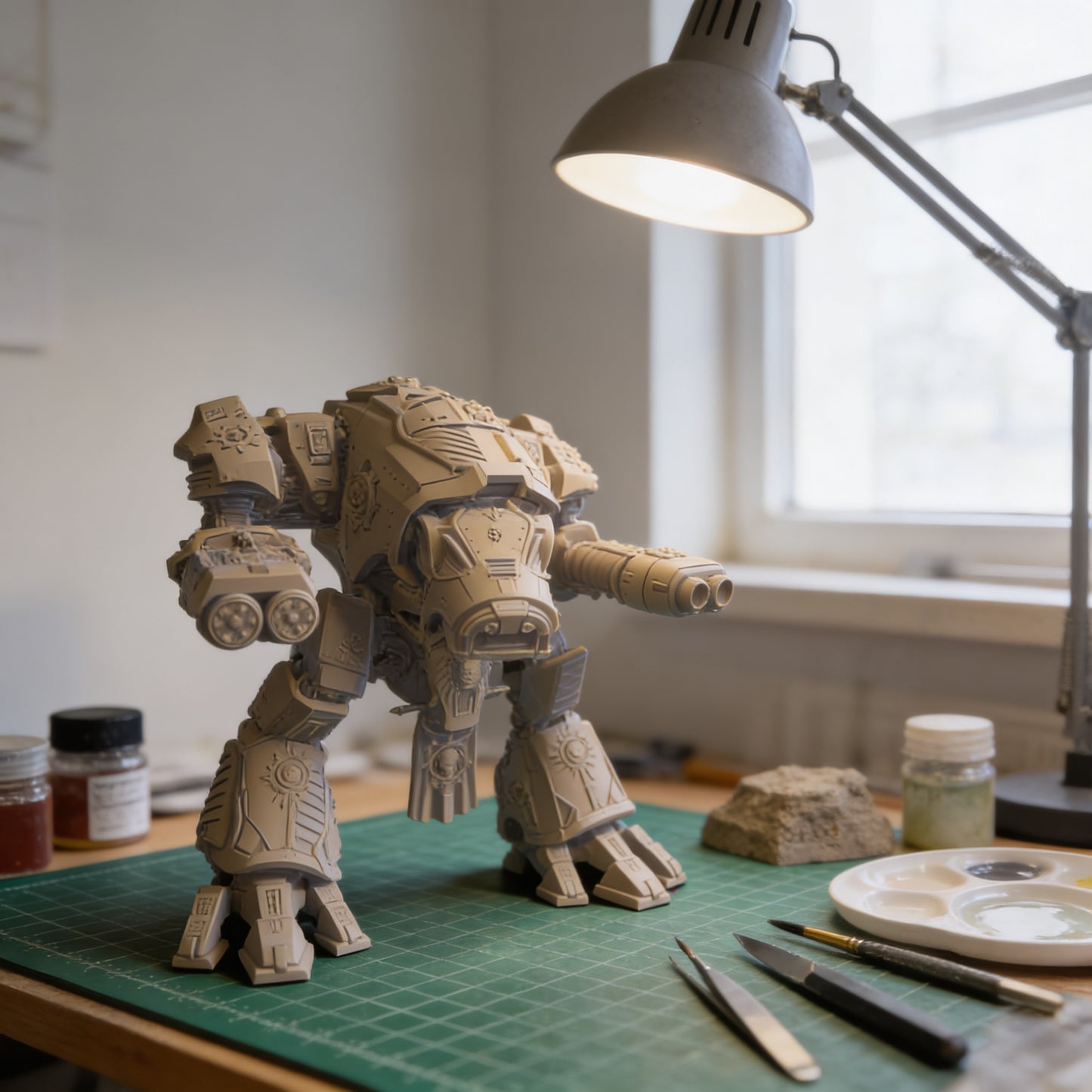 a detailed model of a mechanical robot or machine, sitting on a workbench with various tools and materials around it, including a lamp and paint supplies.
