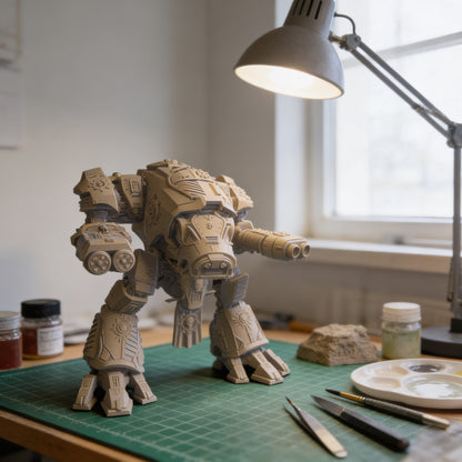 a detailed model of a mechanical robot or machine, sitting on a workbench with various tools and materials around it, including a lamp and paint supplies.