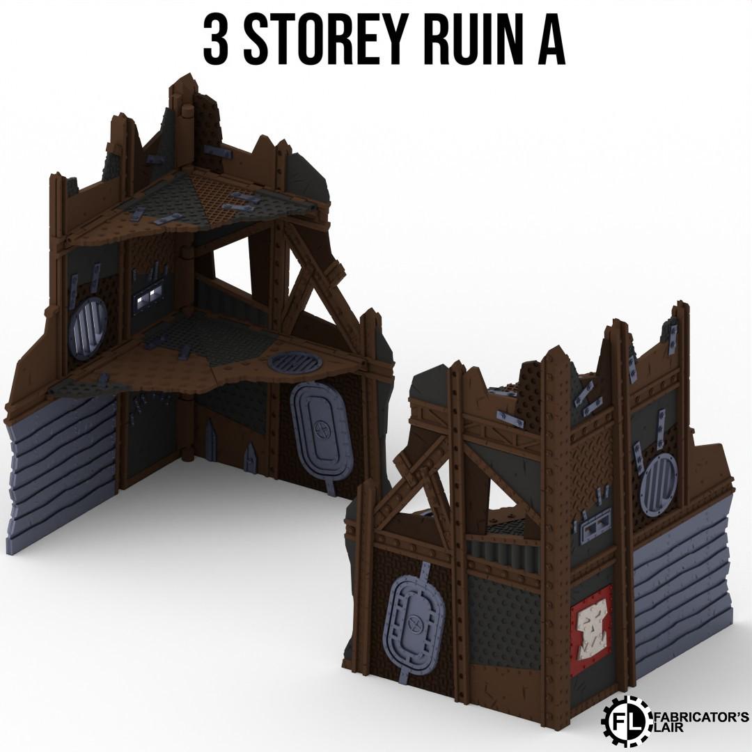 a 3-storey ruin, which is a type of medieval structure. The ruins are made of wood and have a dark brown color. The ruins appear to be in a state of disrepair, with visible damage and missing pieces. The ruins are shown in two different angles, providing a comprehensive view of their structure and design.