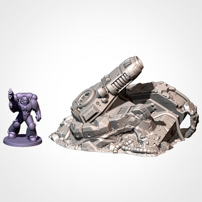 A 3D model of a futuristic weapon and a small figurine of a space soldier are shown in the image.