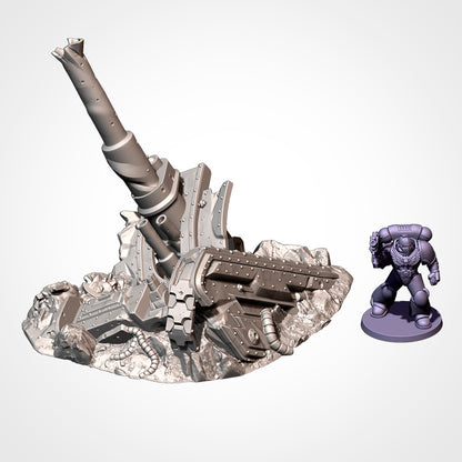 a 3D rendering of a damaged and destroyed object, possibly a piece of machinery or a structure, alongside a small figurine of a person.