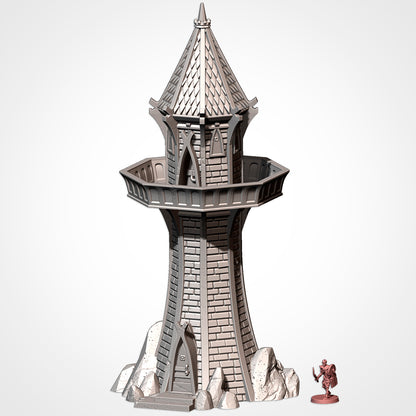 A 3D rendering of a tall, ornate tower with a pointed roof and a small figure of a person standing next to it.