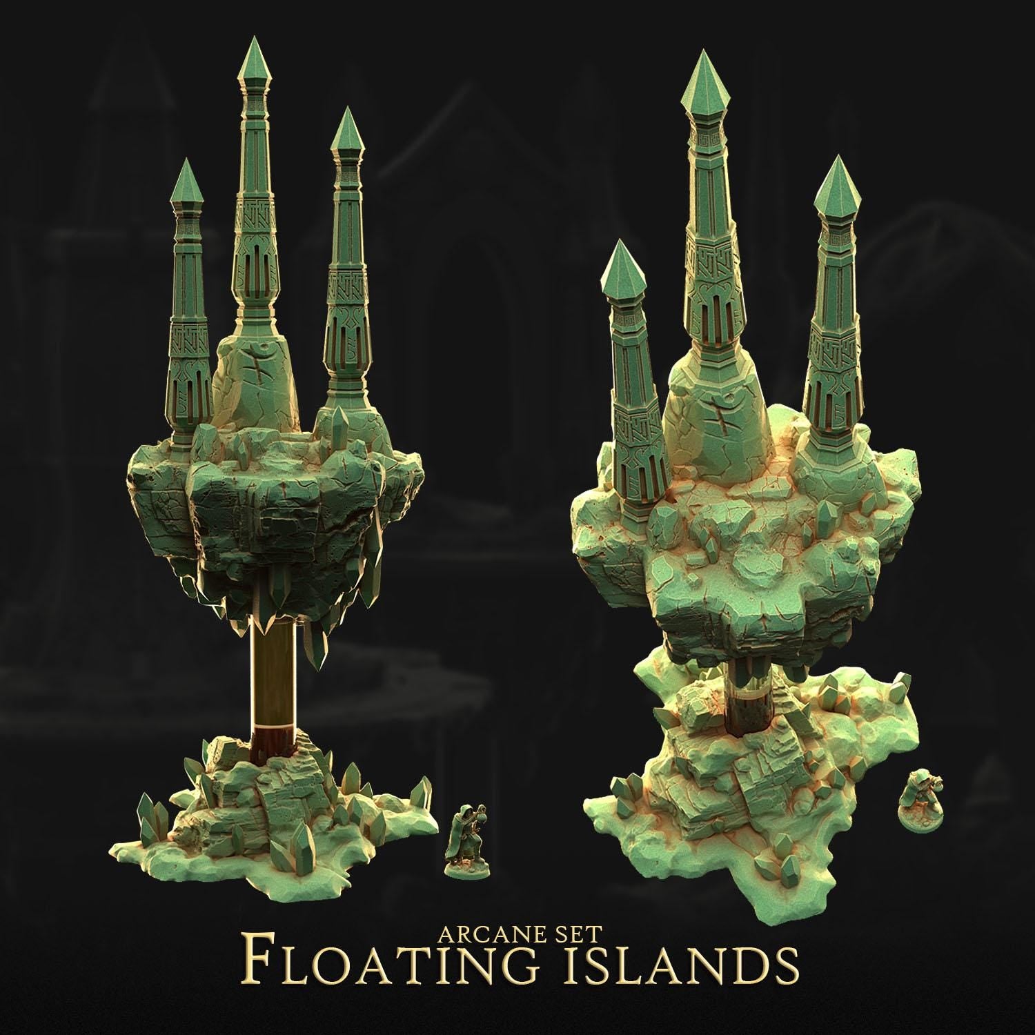 a set of floating islands, each with a unique architectural design, including towers and spires. The islands appear to be part of a larger collection or set, as indicated by the text "ARCANE SET Floating Islands".