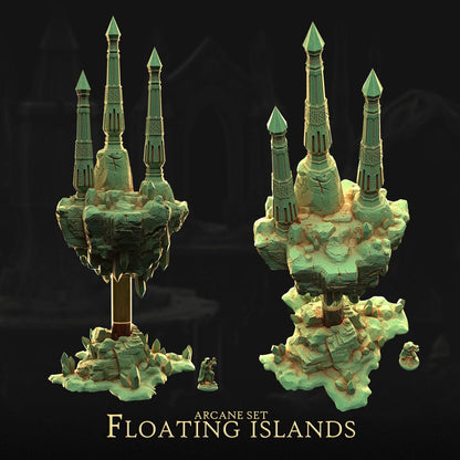 a set of floating islands, each with a unique architectural design, including towers and spires. The islands appear to be part of a larger collection or set, as indicated by the text "ARCANE SET Floating Islands".