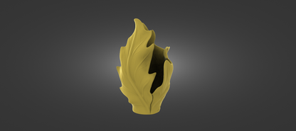 A golden, leaf-like vase or sculpture stands alone against a dark background.