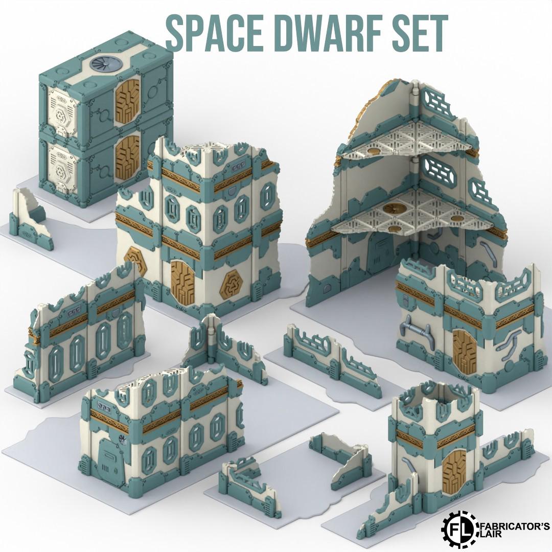 The image is a 3D rendering of a space dwarf set, which includes various pieces that can be assembled to create a miniature model of a space dwarf structure.