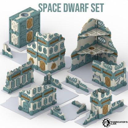 The image is a 3D rendering of a space dwarf set, which includes various pieces that can be assembled to create a miniature model of a space dwarf structure.